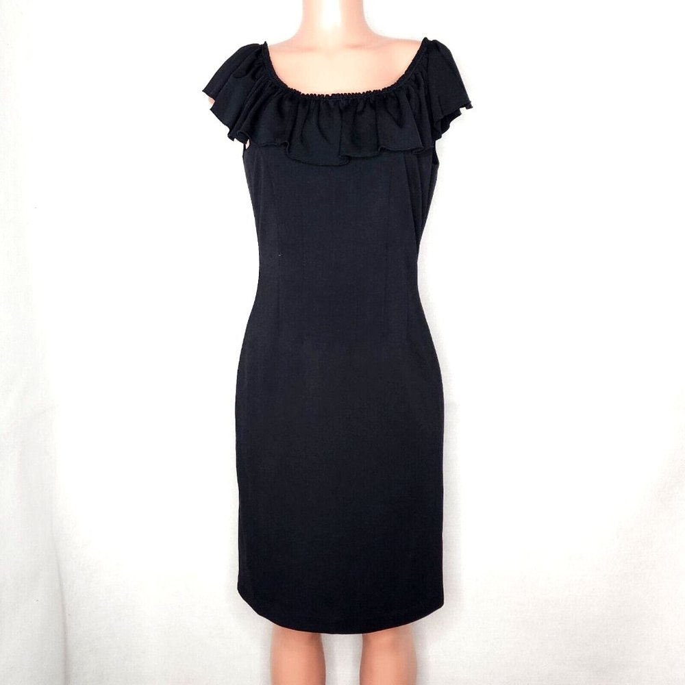 Kay Unger Black Ruffled Neckline Cocktail Dress Sleeveless Classic Lined